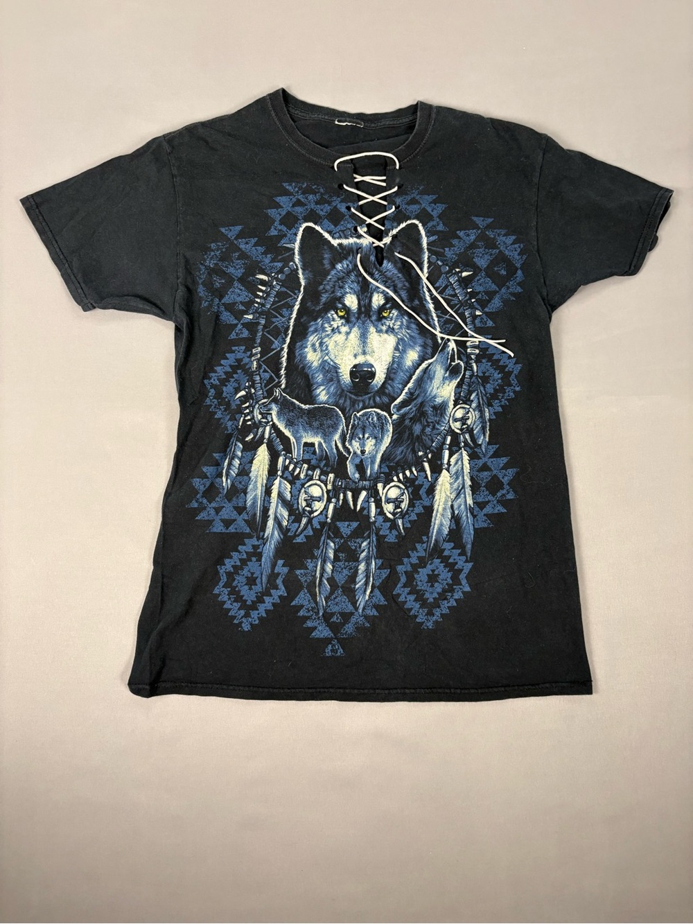 Wolf Graphic Lace Up T Shirt Black Y2K Grunge Tribal Dreamcatcher Tee Large